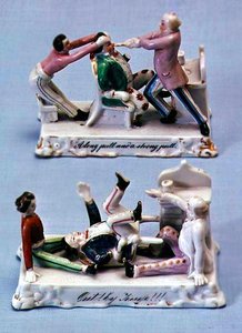 2つの陶磁器フェアリング：ロングプルとストロングプル、アウト！ Jingo !!!、c.1875-90